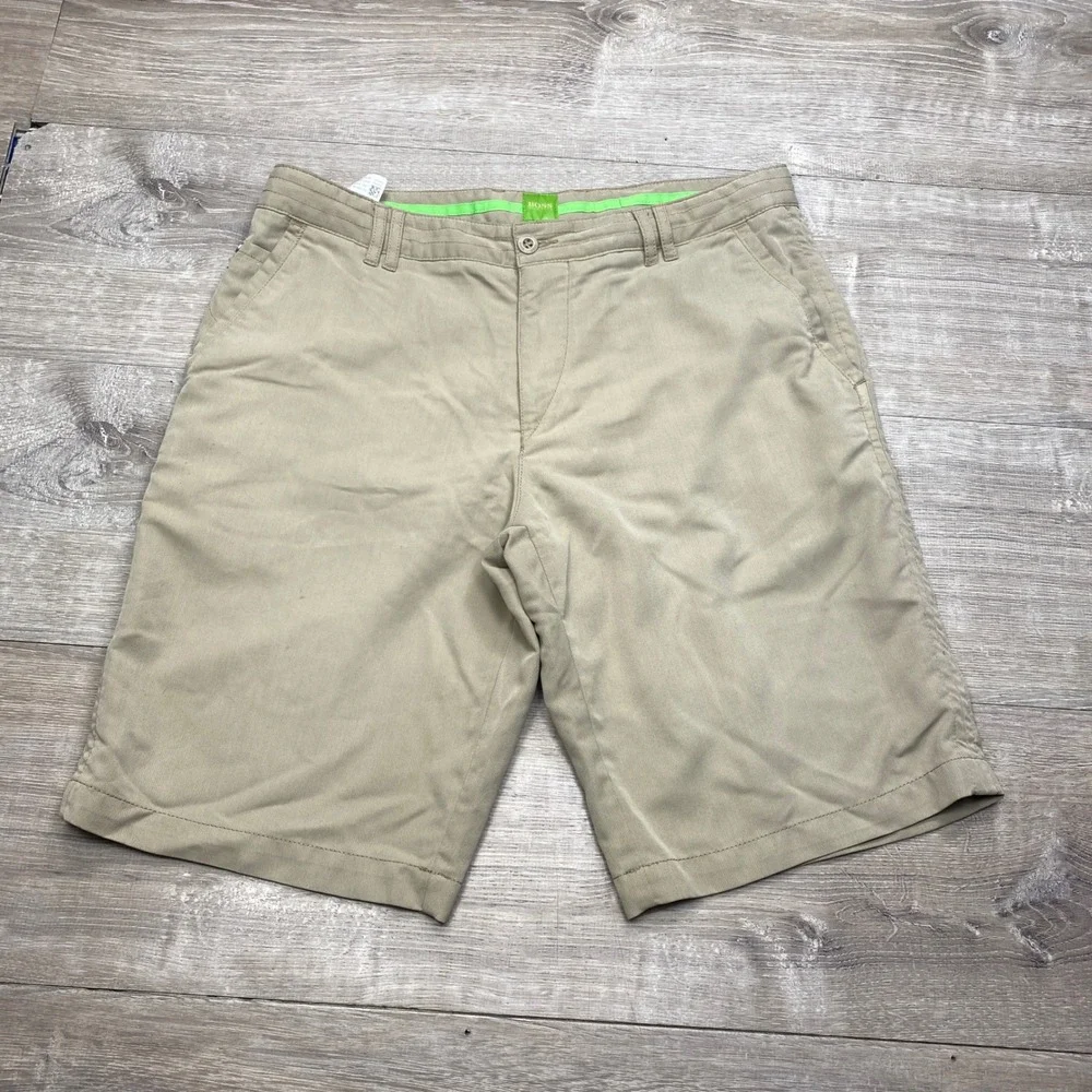 Hugo Boss Chino Shorts Mens Large Tan Green Label Cotton Stretch Golf Casual
